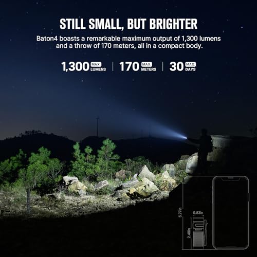 OLIGHT Baton4 Rechargeable EDC Flashlight, LED Pocket Flashlight 1300 Lumens with Magnetic Charging Cable, Small Powerful Bright Flashlight IPX8 Waterproof for Home, Camping and Emergencies (OD Green)