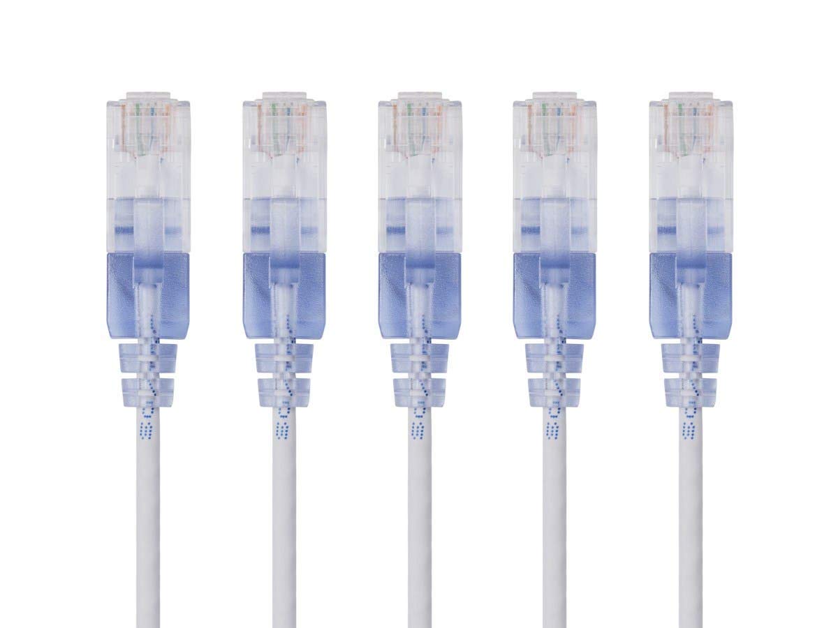 Monoprice Cat6A Ethernet Patch Cable - Snagless RJ45, 550Mhz, 10G, UTP, Pure Bare Copper Wire, 30AWG, 5-Pack, 3 Feet, Blue - SlimRun Series