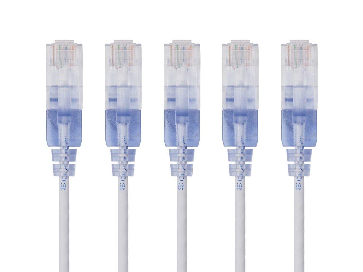 Monoprice Cat6A Ethernet Patch Cable - Snagless RJ45, 550Mhz, 10G, UTP, Pure Bare Copper Wire, 30AWG, 5-Pack, 3 Feet, Blue - SlimRun Series