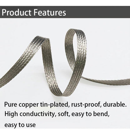 Flat Copper Braid Cable,13mm Flat Copper Braided Ground Strap Wire, Flexible Shielding Wire Mesh（16.4ft）