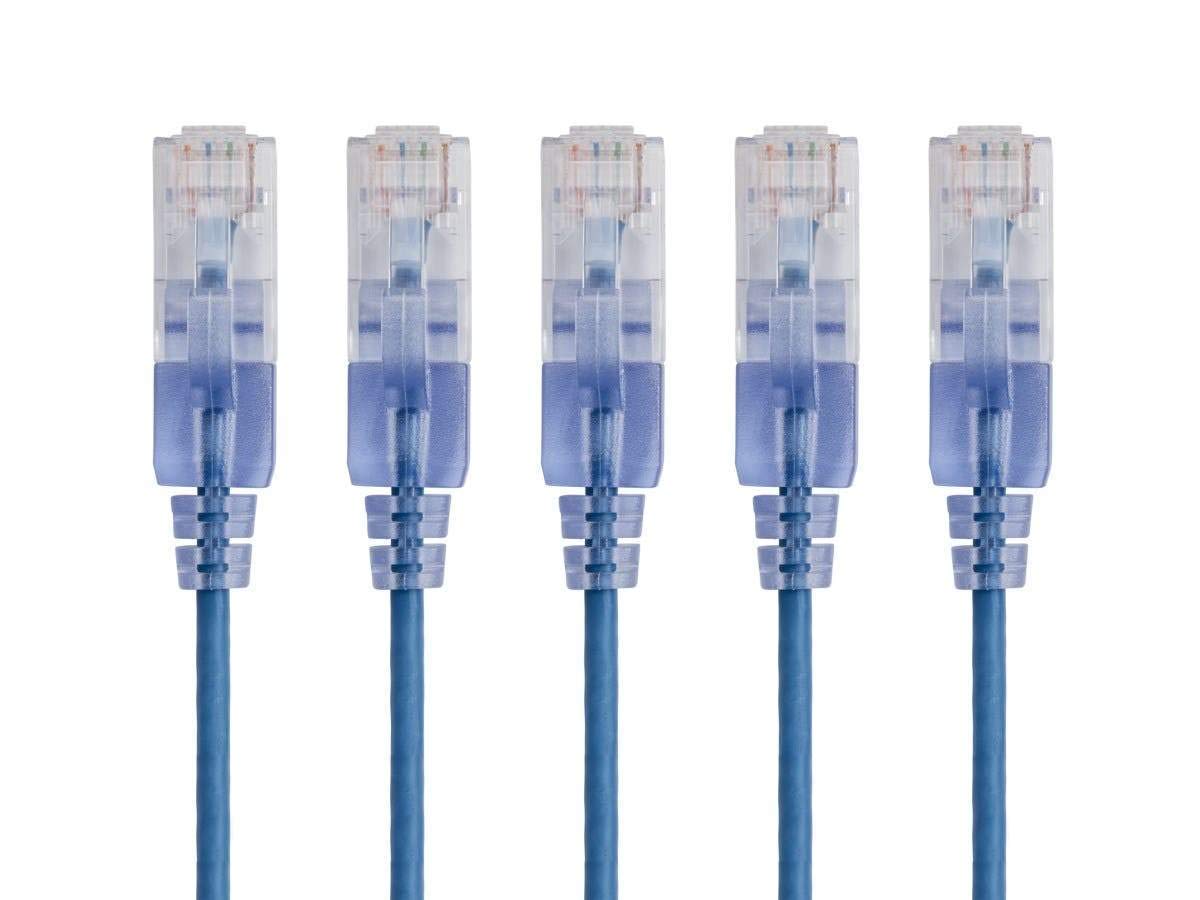 Monoprice Cat6A Ethernet Patch Cable - Snagless RJ45, 550Mhz, 10G, UTP, Pure Bare Copper Wire, 30AWG, 5-Pack, 3 Feet, Blue - SlimRun Series