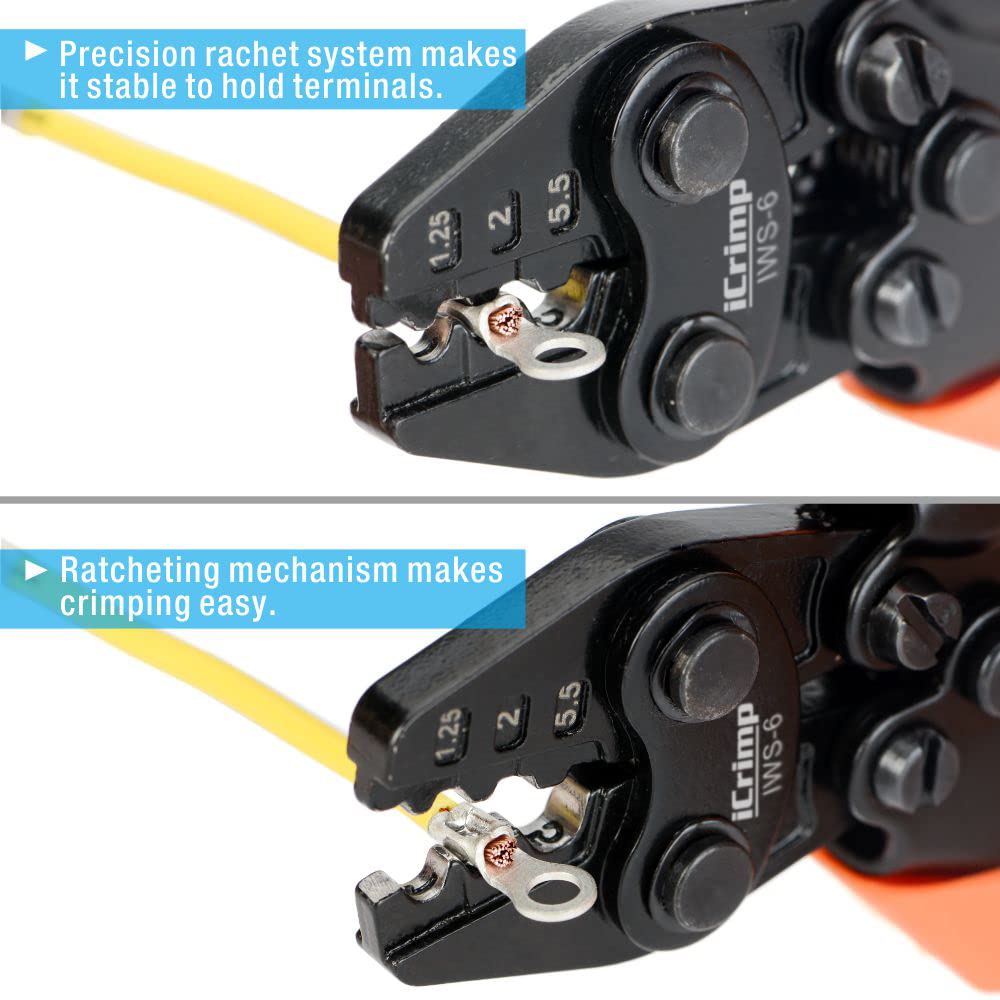 iCrimp Non-insulated Terminal Crimping Tool for AWG 16 to AWG 10 Non-Insulated Terminals and Butt/Spice/Open/Plug Connectors for Auto Electrical,Marine,Motorcycle Wiring Repairs,Loom Assembly