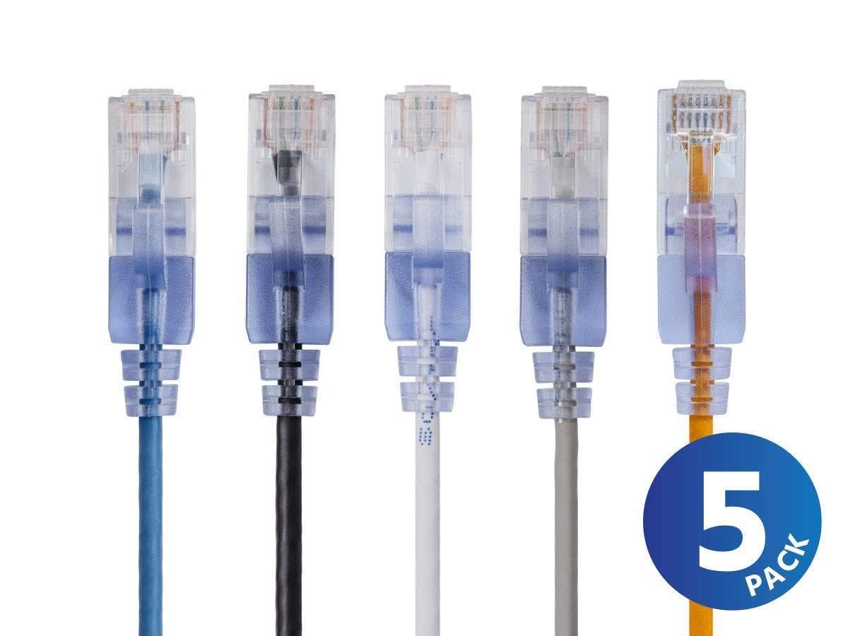 Monoprice Cat6A Ethernet Patch Cable - Snagless RJ45, 550Mhz, 10G, UTP, Pure Bare Copper Wire, 30AWG, 5-Pack, 3 Feet, Blue - SlimRun Series