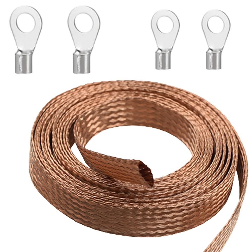 Flat Copper Braid Cable,13mm Flat Copper Braided Ground Strap Wire, Flexible Shielding Wire Mesh（16.4ft）