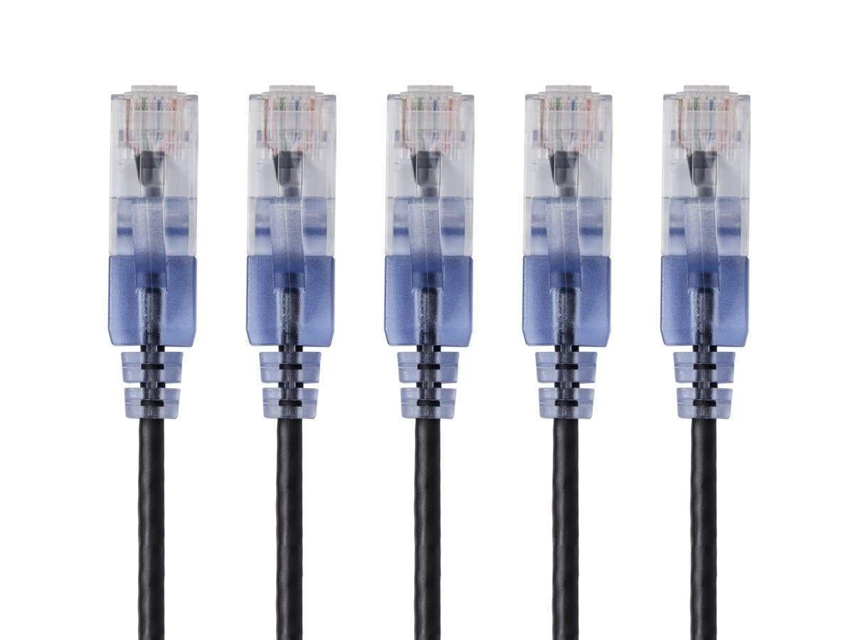 Monoprice Cat6A Ethernet Patch Cable - Snagless RJ45, 550Mhz, 10G, UTP, Pure Bare Copper Wire, 30AWG, 5-Pack, 3 Feet, Blue - SlimRun Series