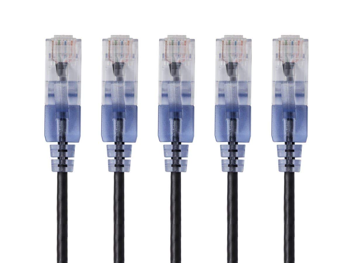 Monoprice Cat6A Ethernet Patch Cable - Snagless RJ45, 550Mhz, 10G, UTP, Pure Bare Copper Wire, 30AWG, 5-Pack, 3 Feet, Blue - SlimRun Series