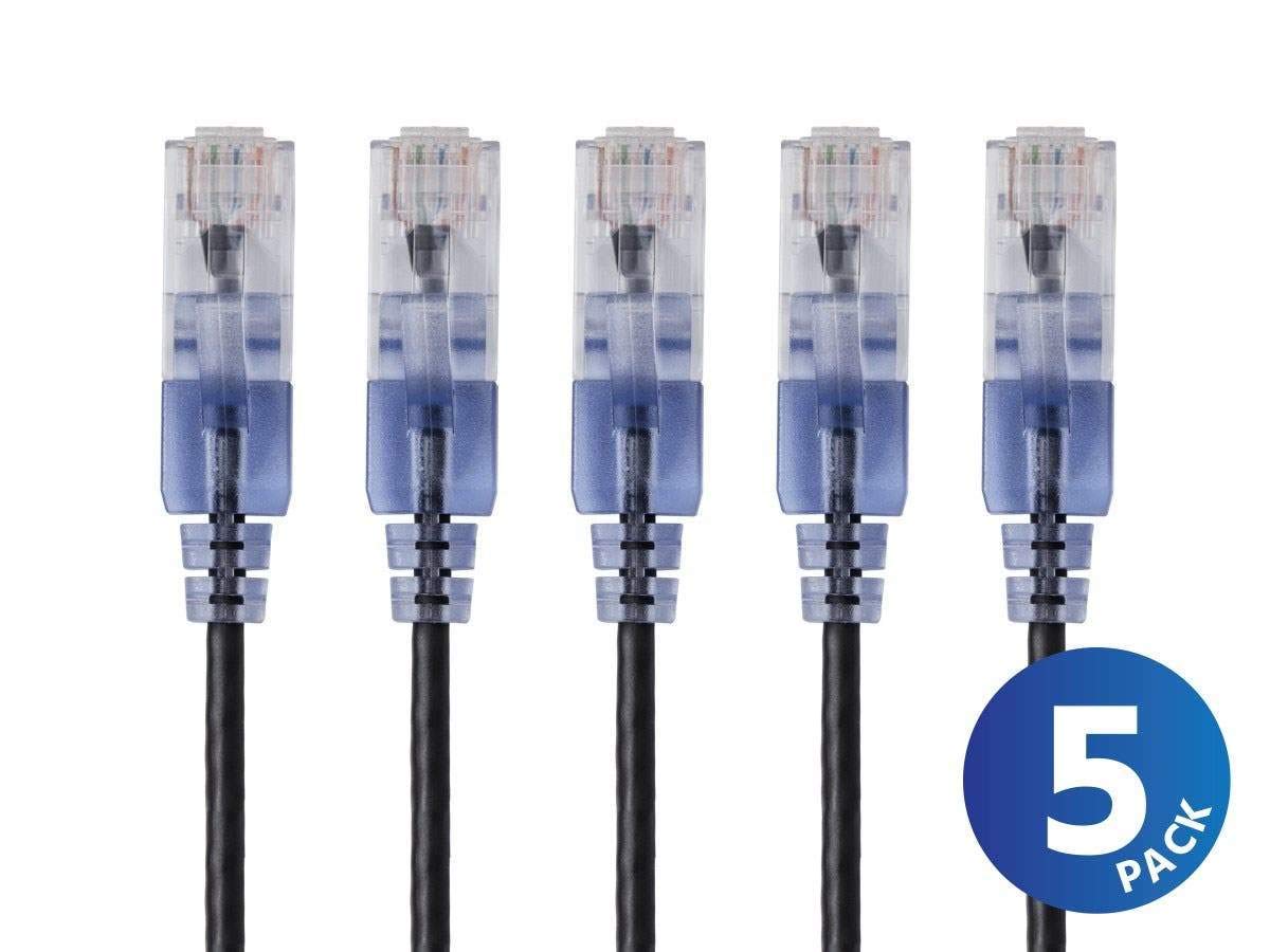 Monoprice Cat6A Ethernet Patch Cable - Snagless RJ45, 550Mhz, 10G, UTP, Pure Bare Copper Wire, 30AWG, 5-Pack, 3 Feet, Blue - SlimRun Series