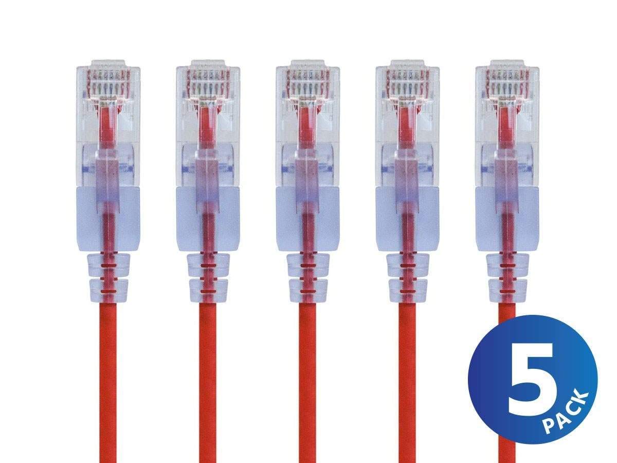 Monoprice Cat6A Ethernet Patch Cable - Snagless RJ45, 550Mhz, 10G, UTP, Pure Bare Copper Wire, 30AWG, 5-Pack, 3 Feet, Blue - SlimRun Series