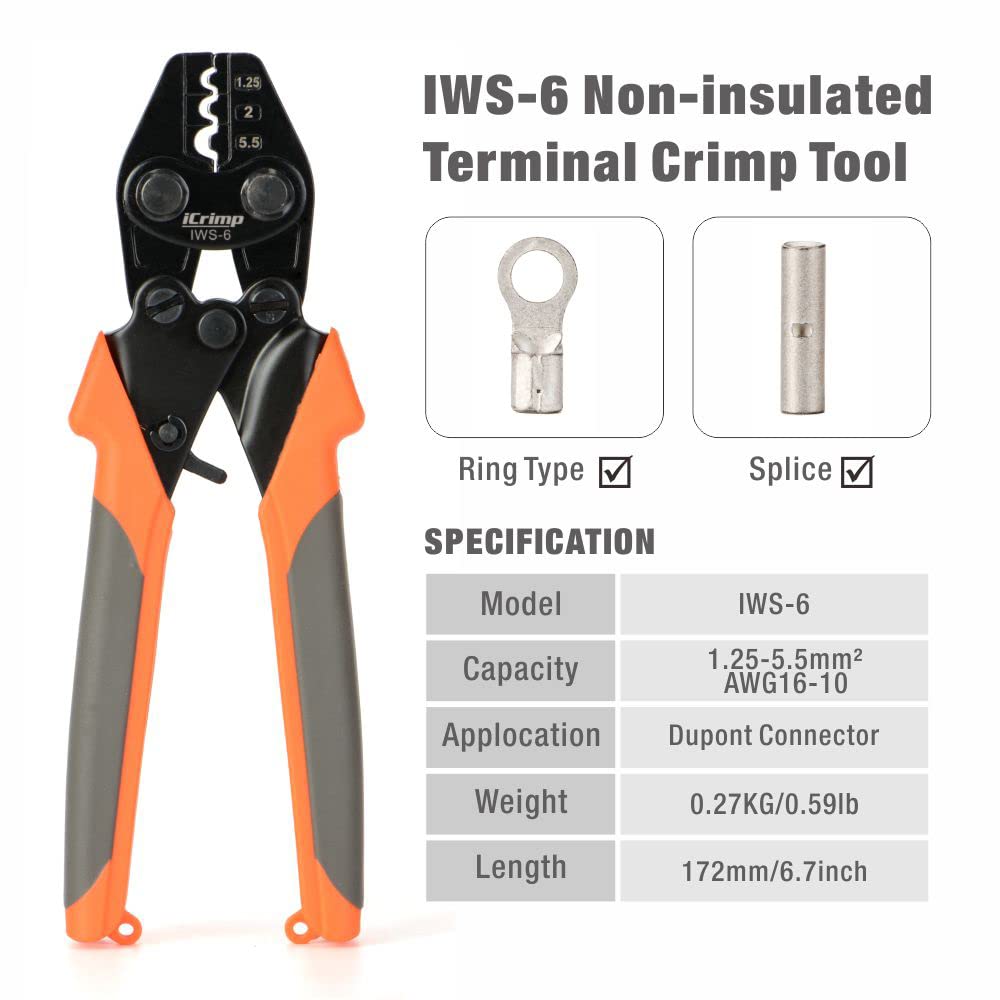 iCrimp Non-insulated Terminal Crimping Tool for AWG 16 to AWG 10 Non-Insulated Terminals and Butt/Spice/Open/Plug Connectors for Auto Electrical,Marine,Motorcycle Wiring Repairs,Loom Assembly