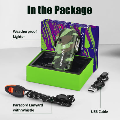 Extremus Blaze 360 Rechargeable Electric Lighters, Dual Arc Lighter, Windproof Plasma Lighter, Waterproof Lighter, Flameless Lighter with Whistle Lanyard for Camping (Army Green Flashlight)