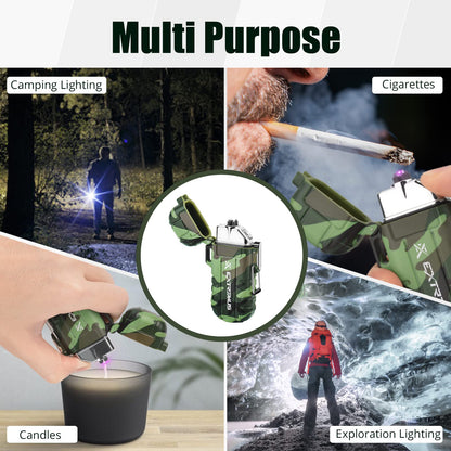 Extremus Blaze 360 Rechargeable Electric Lighters, Dual Arc Lighter, Windproof Plasma Lighter, Waterproof Lighter, Flameless Lighter with Whistle Lanyard for Camping (Army Green Flashlight)