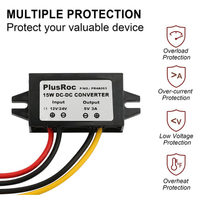 PlusRoc Waterproof 12V/24V to 5V Converter DC-DC Step Down Module Power Adapter Compatible with Raspberry Pi 4, Cellphone, Car (USB Type-C Connector)