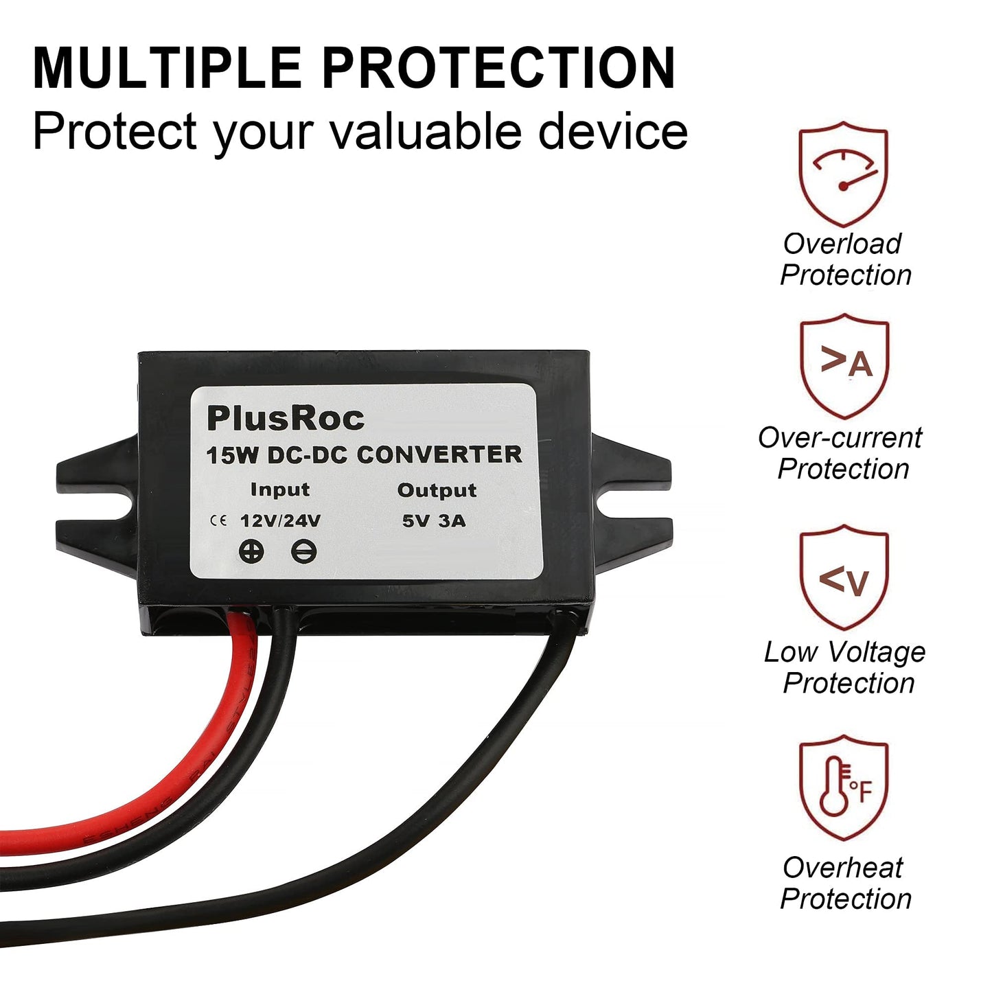 PlusRoc Waterproof 12V/24V to 5V Converter DC-DC Step Down Module Power Adapter Compatible with Raspberry Pi 4, Cellphone, Car (USB Type-C Connector)