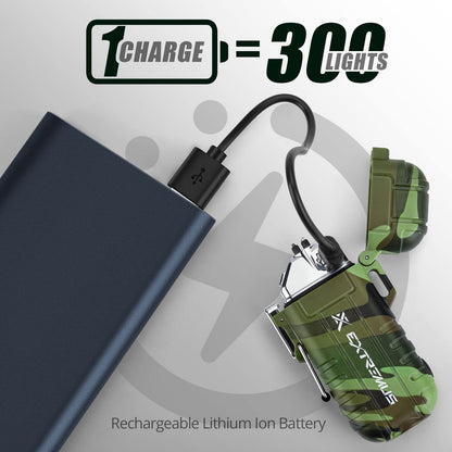 Extremus Blaze 360 Rechargeable Electric Lighters, Dual Arc Lighter, Windproof Plasma Lighter, Waterproof Lighter, Flameless Lighter with Whistle Lanyard for Camping (Army Green Flashlight)