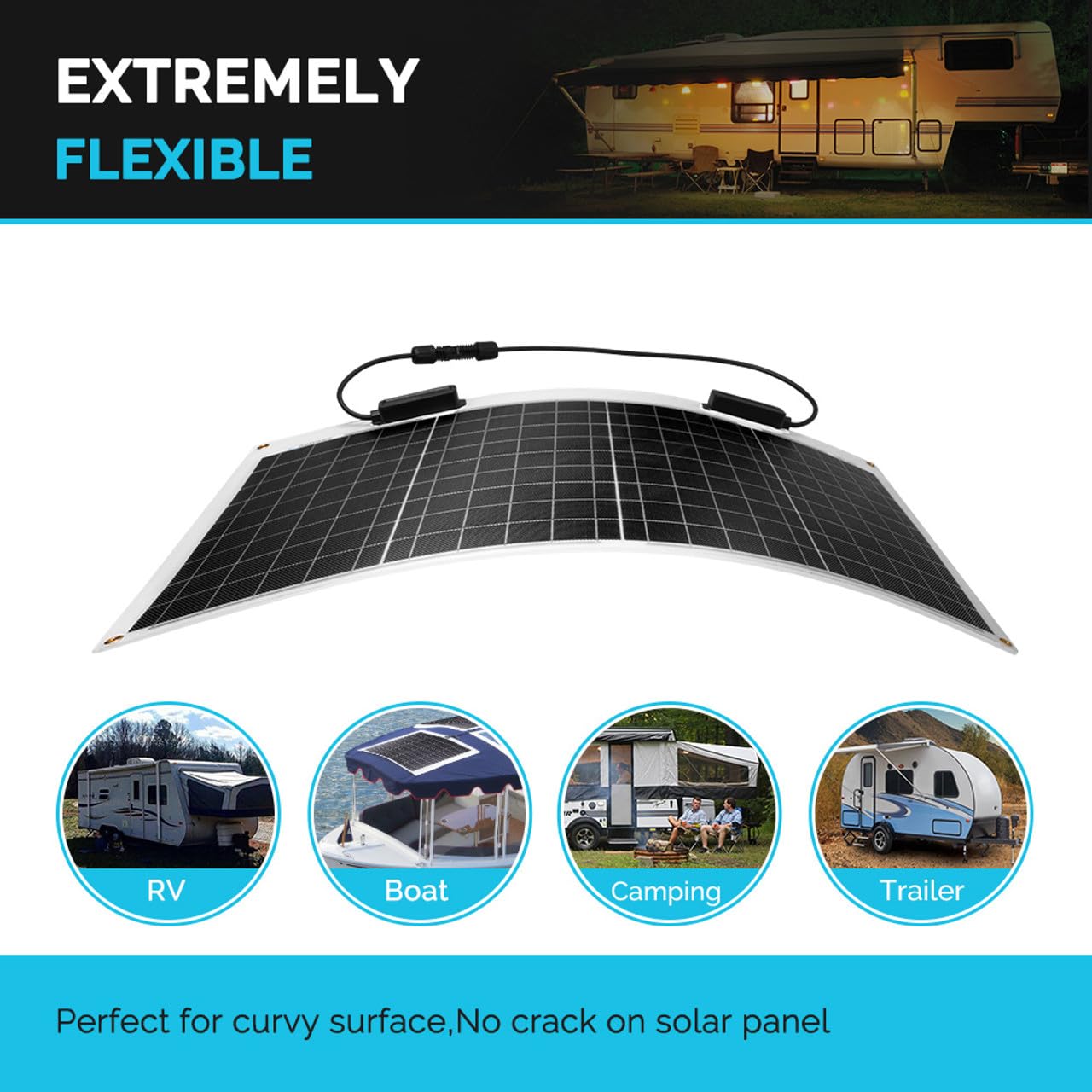 Renogy Solar Panel 200W 12V Lightweight Monocrystalline Ultra-Flexible Bendable Mono Off-Grid Charger for Marine RV Cabin Van Car Boat Curve Surfaces