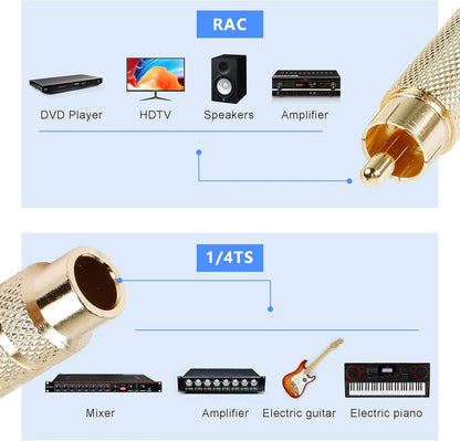 PNGKNYOCN RCA to 1/4 Inch Adapter, Gold Plated RCA Male Plug to 6.35mm 1/4 Inch TS Female Audio Converter for Amplifiers, Speaker and More(2 Pack)