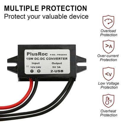 PlusRoc Waterproof 12V/24V to 5V Converter DC-DC Step Down Module Power Adapter Compatible with Raspberry Pi 4, Cellphone, Car (USB Type-C Connector)