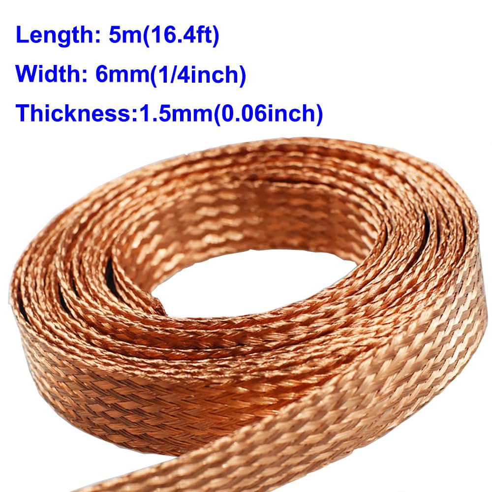 Flat Copper Braid Cable,13mm Flat Copper Braided Ground Strap Wire, Flexible Shielding Wire Mesh（16.4ft）