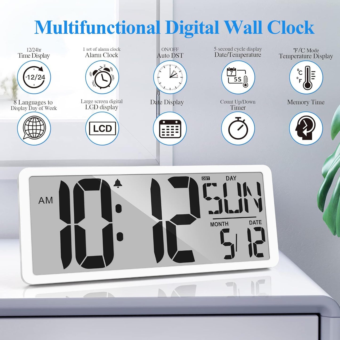 Atomic Clock 15" Digital Wall Clock Battery Operated Atomic Wall Clock Digital Alarm Clock with Day Date & Temperature Large Digital Wall Clock for Wall Bedroom Living Room Classroom Home Office