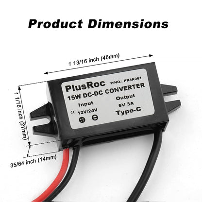 PlusRoc Waterproof 12V/24V to 5V Converter DC-DC Step Down Module Power Adapter Compatible with Raspberry Pi 4, Cellphone, Car (USB Type-C Connector)