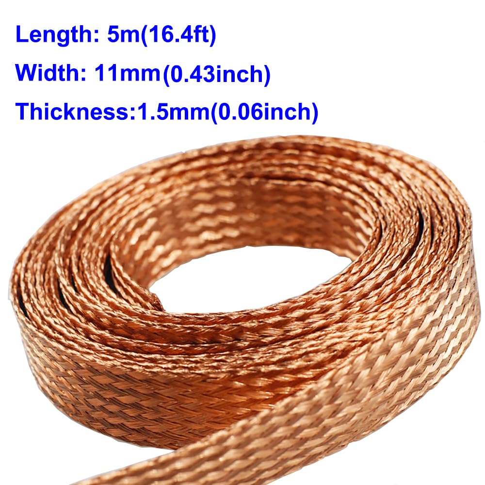 Flat Copper Braid Cable,13mm Flat Copper Braided Ground Strap Wire, Flexible Shielding Wire Mesh（16.4ft）