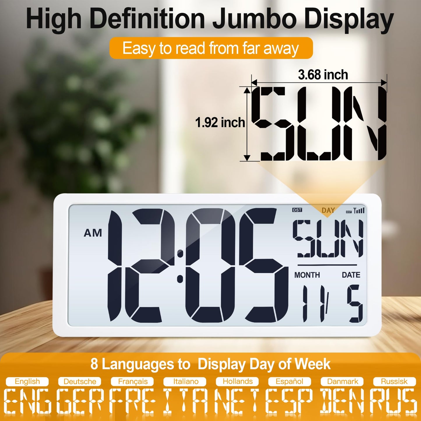 Atomic Clock 15" Digital Wall Clock Battery Operated Atomic Wall Clock Digital Alarm Clock with Day Date & Temperature Large Digital Wall Clock for Wall Bedroom Living Room Classroom Home Office