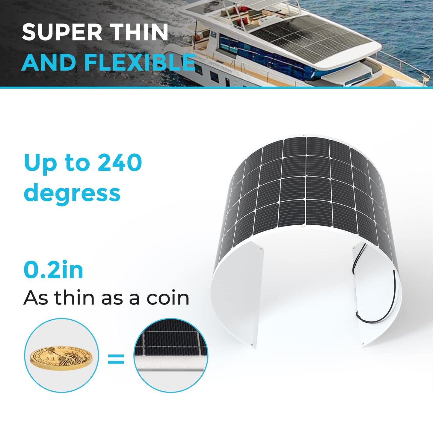 Renogy Solar Panel 200W 12V Lightweight Monocrystalline Ultra-Flexible Bendable Mono Off-Grid Charger for Marine RV Cabin Van Car Boat Curve Surfaces