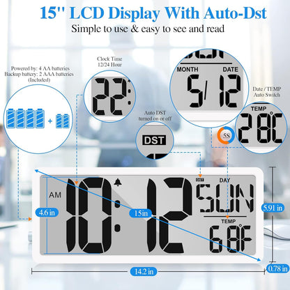 Atomic Clock 15" Digital Wall Clock Battery Operated Atomic Wall Clock Digital Alarm Clock with Day Date & Temperature Large Digital Wall Clock for Wall Bedroom Living Room Classroom Home Office