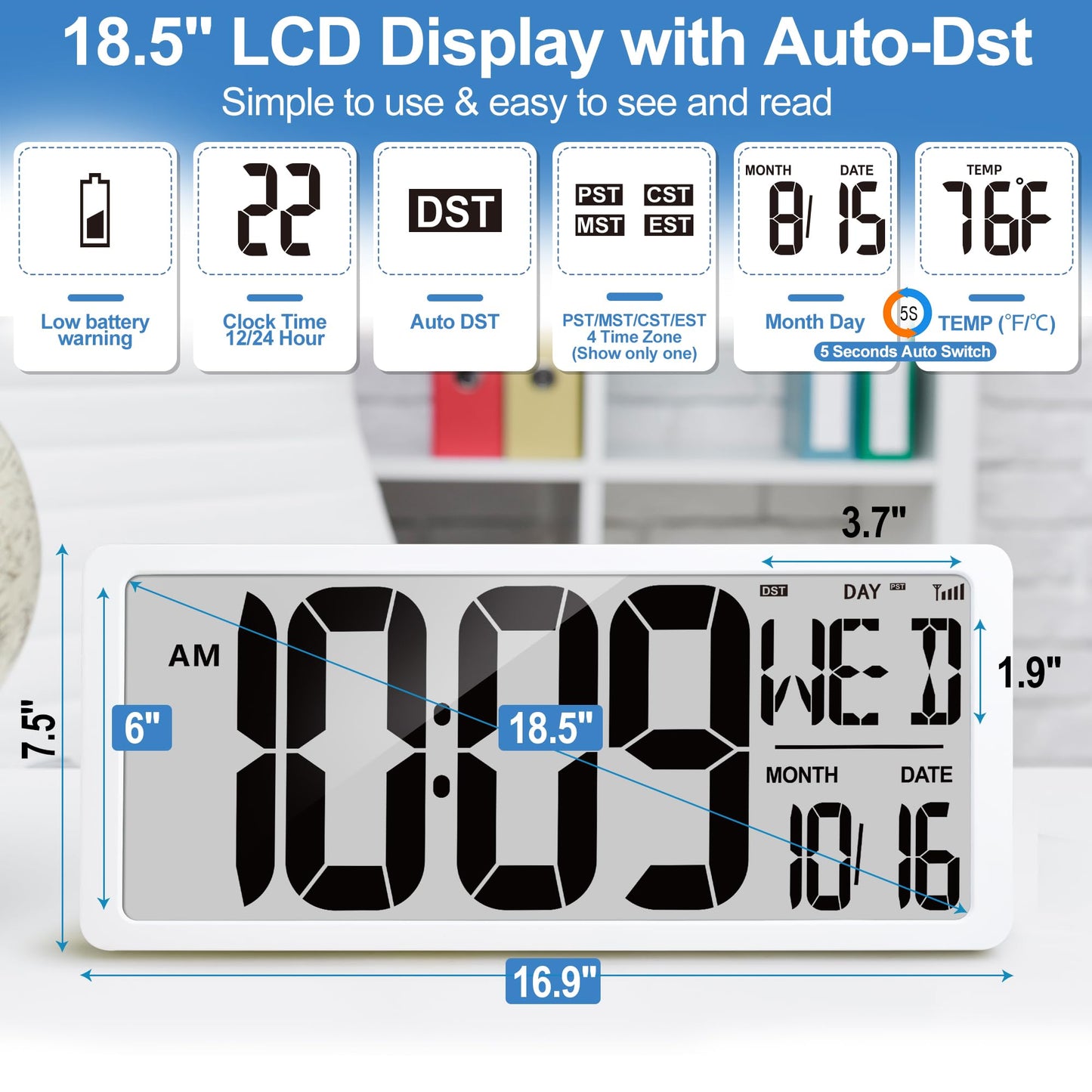 Atomic Clock 15" Digital Wall Clock Battery Operated Atomic Wall Clock Digital Alarm Clock with Day Date & Temperature Large Digital Wall Clock for Wall Bedroom Living Room Classroom Home Office