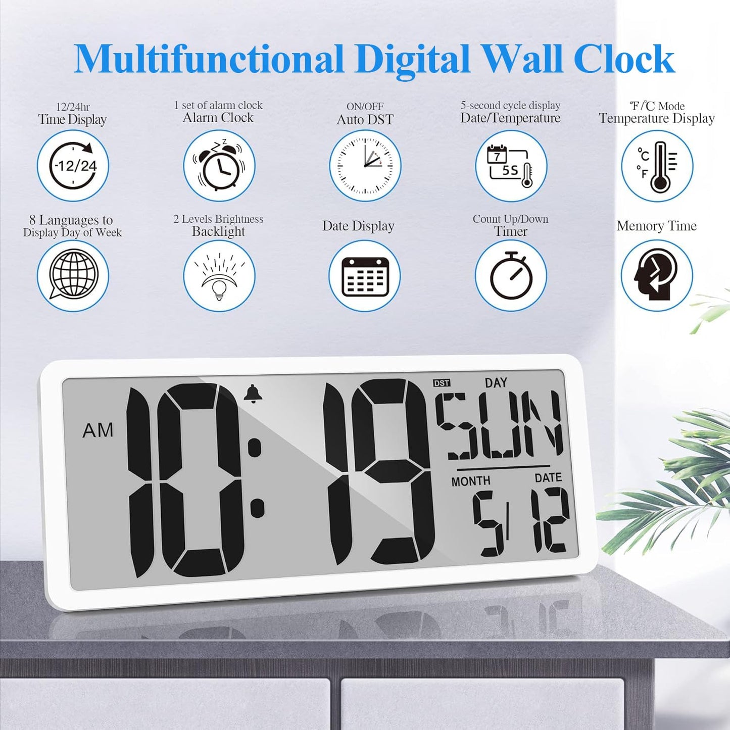 Atomic Clock 15" Digital Wall Clock Battery Operated Atomic Wall Clock Digital Alarm Clock with Day Date & Temperature Large Digital Wall Clock for Wall Bedroom Living Room Classroom Home Office