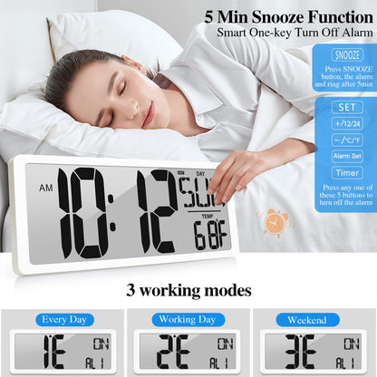 Atomic Clock 15" Digital Wall Clock Battery Operated Atomic Wall Clock Digital Alarm Clock with Day Date & Temperature Large Digital Wall Clock for Wall Bedroom Living Room Classroom Home Office