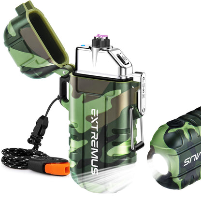 Extremus Blaze 360 Rechargeable Electric Lighters, Dual Arc Lighter, Windproof Plasma Lighter, Waterproof Lighter, Flameless Lighter with Whistle Lanyard for Camping (Army Green Flashlight)