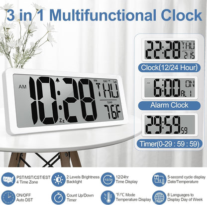 Atomic Clock 15" Digital Wall Clock Battery Operated Atomic Wall Clock Digital Alarm Clock with Day Date & Temperature Large Digital Wall Clock for Wall Bedroom Living Room Classroom Home Office