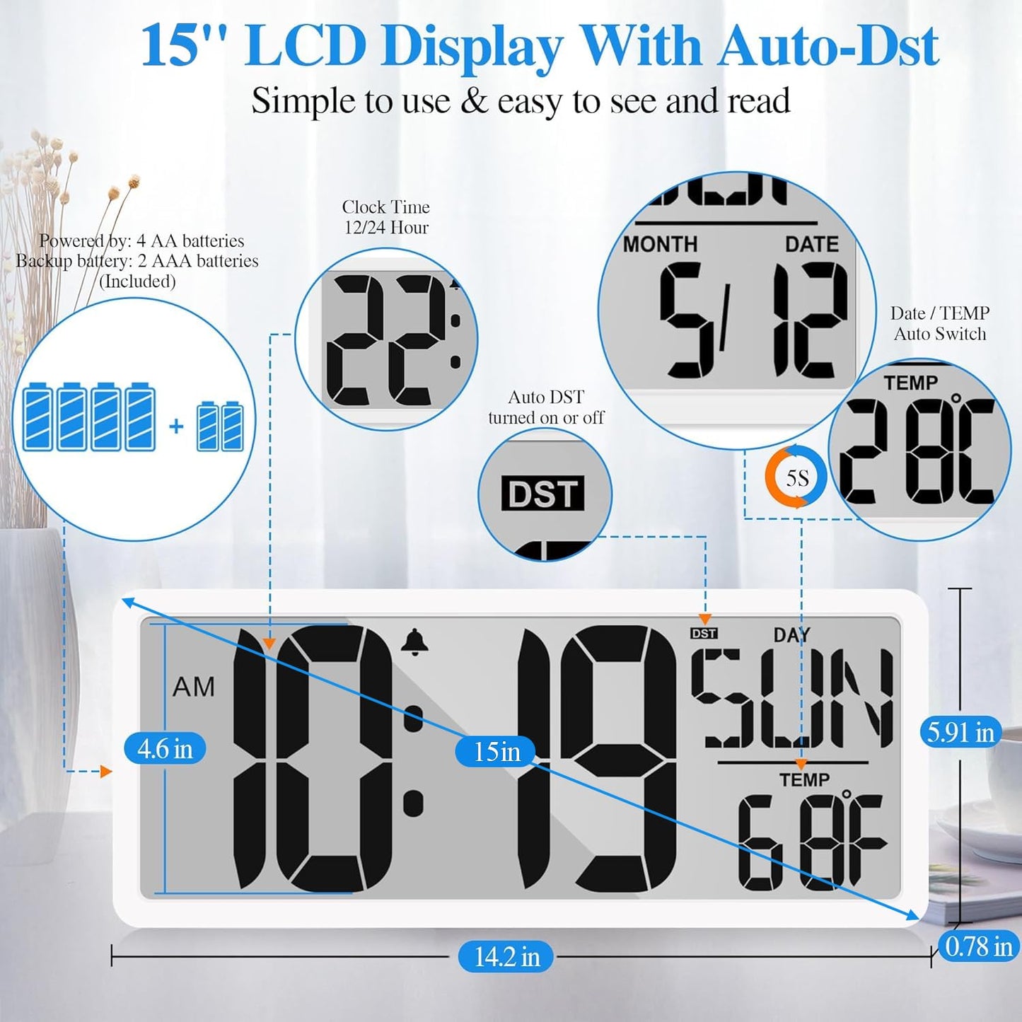 Atomic Clock 15" Digital Wall Clock Battery Operated Atomic Wall Clock Digital Alarm Clock with Day Date & Temperature Large Digital Wall Clock for Wall Bedroom Living Room Classroom Home Office