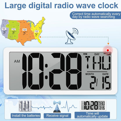 Atomic Clock 15" Digital Wall Clock Battery Operated Atomic Wall Clock Digital Alarm Clock with Day Date & Temperature Large Digital Wall Clock for Wall Bedroom Living Room Classroom Home Office