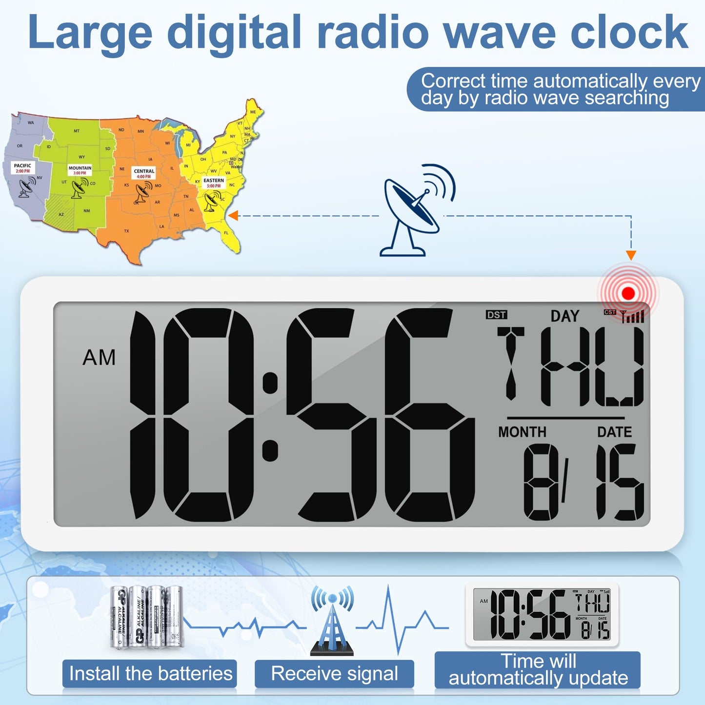 Atomic Clock 15" Digital Wall Clock Battery Operated Atomic Wall Clock Digital Alarm Clock with Day Date & Temperature Large Digital Wall Clock for Wall Bedroom Living Room Classroom Home Office