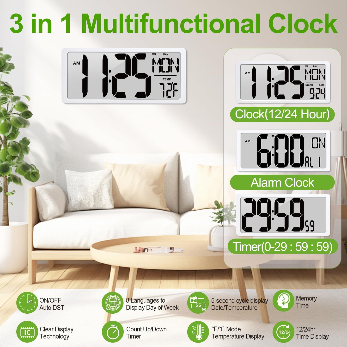 Atomic Clock 15" Digital Wall Clock Battery Operated Atomic Wall Clock Digital Alarm Clock with Day Date & Temperature Large Digital Wall Clock for Wall Bedroom Living Room Classroom Home Office