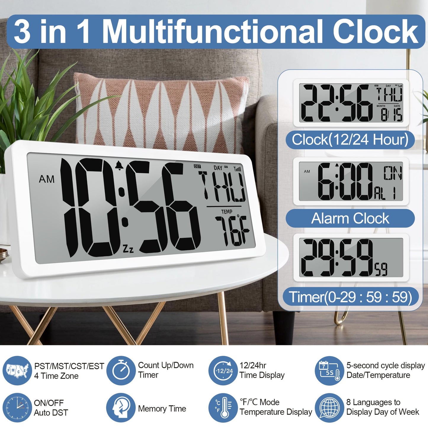 Atomic Clock 15" Digital Wall Clock Battery Operated Atomic Wall Clock Digital Alarm Clock with Day Date & Temperature Large Digital Wall Clock for Wall Bedroom Living Room Classroom Home Office