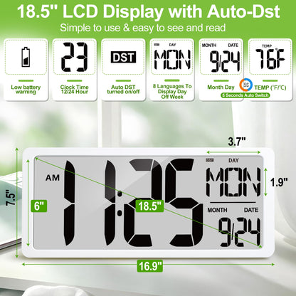 Atomic Clock 15" Digital Wall Clock Battery Operated Atomic Wall Clock Digital Alarm Clock with Day Date & Temperature Large Digital Wall Clock for Wall Bedroom Living Room Classroom Home Office