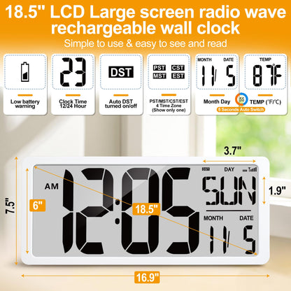 Atomic Clock 15" Digital Wall Clock Battery Operated Atomic Wall Clock Digital Alarm Clock with Day Date & Temperature Large Digital Wall Clock for Wall Bedroom Living Room Classroom Home Office