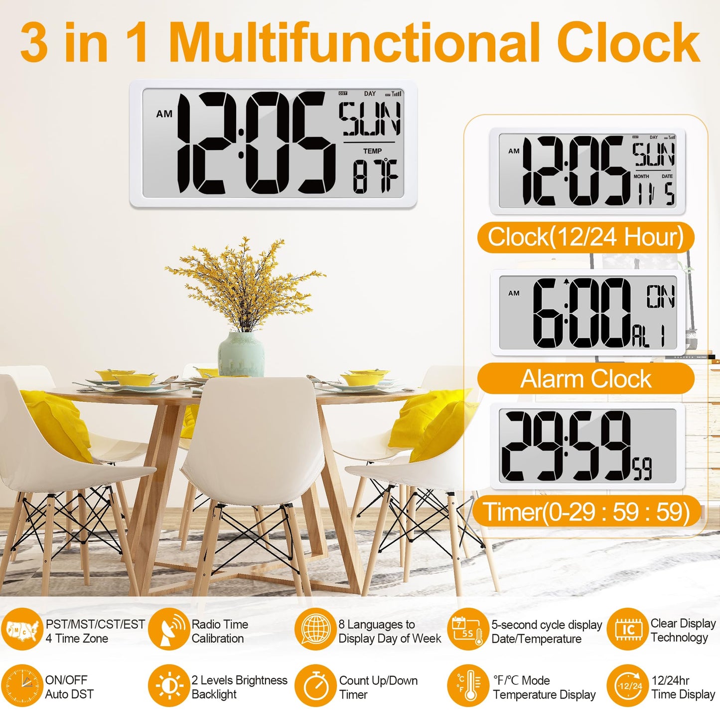 Atomic Clock 15" Digital Wall Clock Battery Operated Atomic Wall Clock Digital Alarm Clock with Day Date & Temperature Large Digital Wall Clock for Wall Bedroom Living Room Classroom Home Office