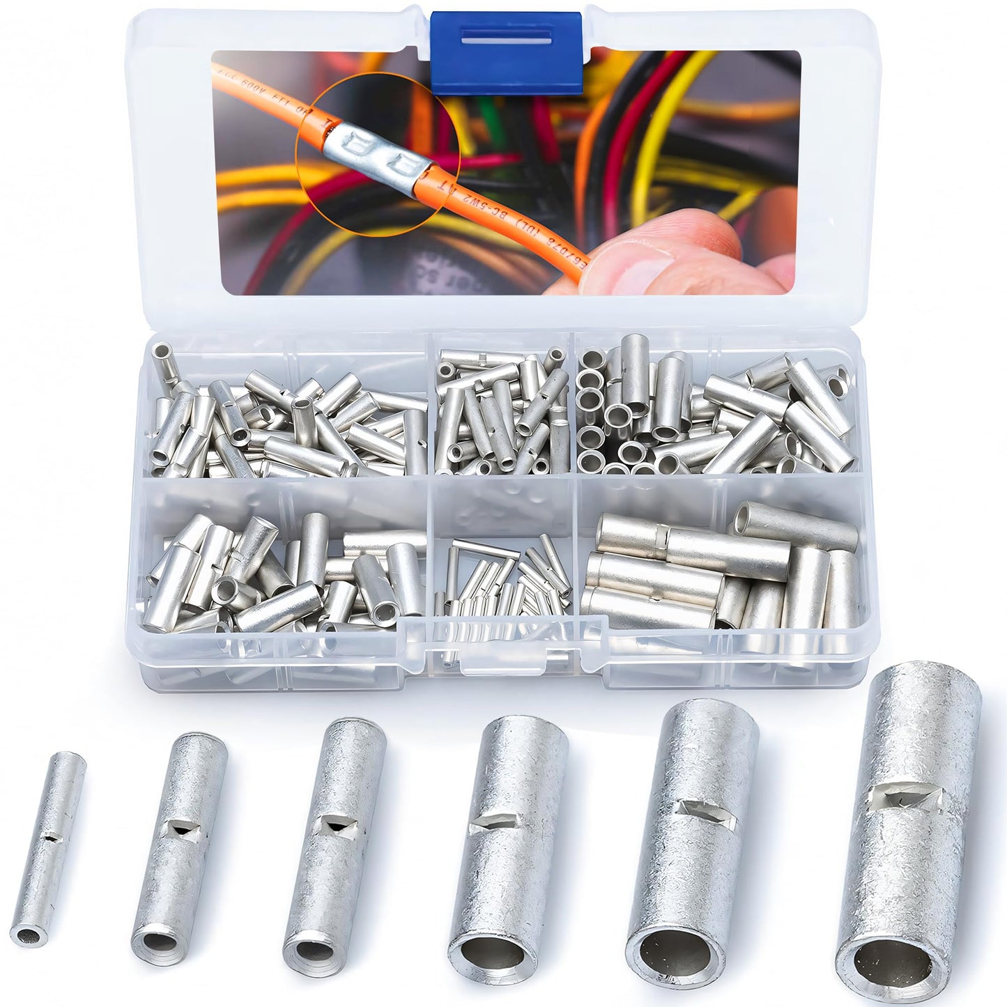 Wirefy 100 PCS Non Insulated Butt Connectors Kit - Butt Splice Connectors - Uninsulated Crimp Wire Connectors - 24-8 AWG | Uninsulated Butt Connector | Wire Butt Connectors