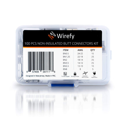 Wirefy 100 PCS Non Insulated Butt Connectors Kit - Butt Splice Connectors - Uninsulated Crimp Wire Connectors - 24-8 AWG | Uninsulated Butt Connector | Wire Butt Connectors