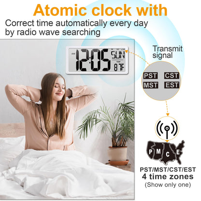 Atomic Clock 15" Digital Wall Clock Battery Operated Atomic Wall Clock Digital Alarm Clock with Day Date & Temperature Large Digital Wall Clock for Wall Bedroom Living Room Classroom Home Office