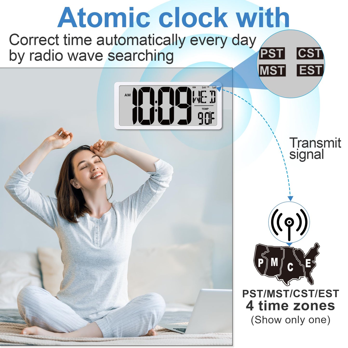 Atomic Clock 15" Digital Wall Clock Battery Operated Atomic Wall Clock Digital Alarm Clock with Day Date & Temperature Large Digital Wall Clock for Wall Bedroom Living Room Classroom Home Office