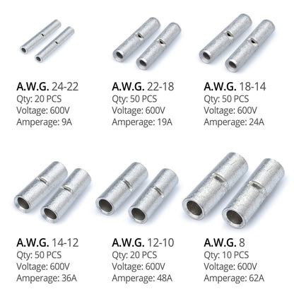 Wirefy 100 PCS Non Insulated Butt Connectors Kit - Butt Splice Connectors - Uninsulated Crimp Wire Connectors - 24-8 AWG | Uninsulated Butt Connector | Wire Butt Connectors