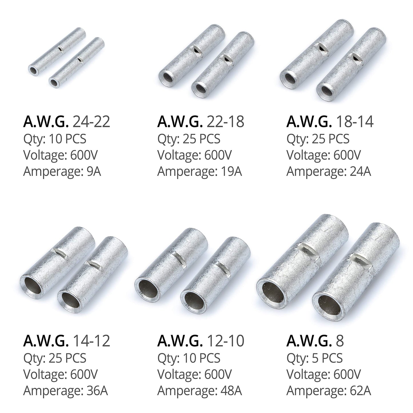 Wirefy 100 PCS Non Insulated Butt Connectors Kit - Butt Splice Connectors - Uninsulated Crimp Wire Connectors - 24-8 AWG | Uninsulated Butt Connector | Wire Butt Connectors