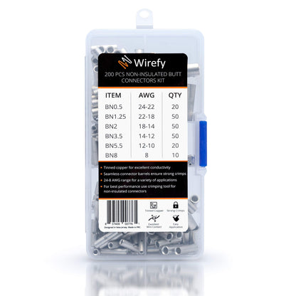 Wirefy 100 PCS Non Insulated Butt Connectors Kit - Butt Splice Connectors - Uninsulated Crimp Wire Connectors - 24-8 AWG | Uninsulated Butt Connector | Wire Butt Connectors