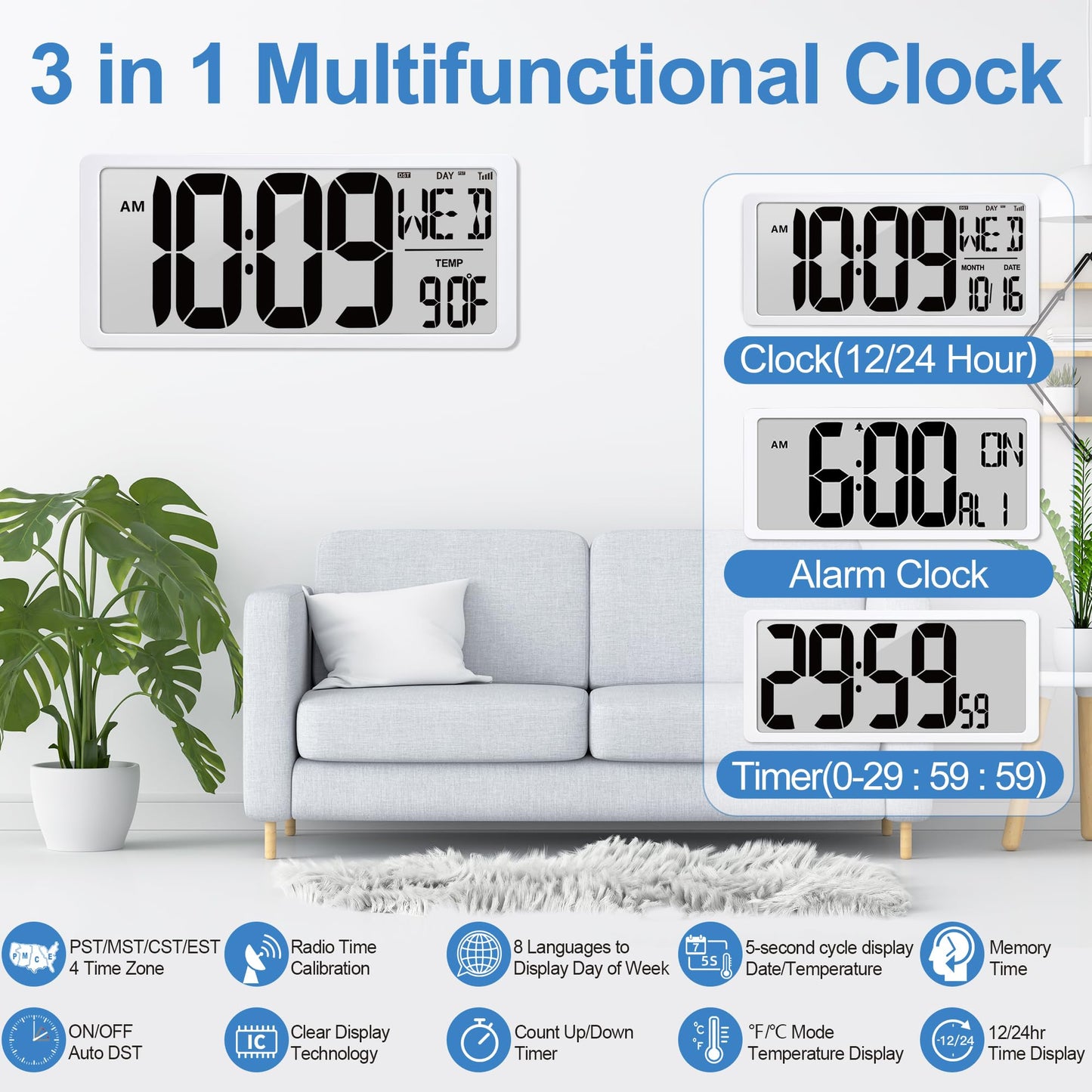 Atomic Clock 15" Digital Wall Clock Battery Operated Atomic Wall Clock Digital Alarm Clock with Day Date & Temperature Large Digital Wall Clock for Wall Bedroom Living Room Classroom Home Office