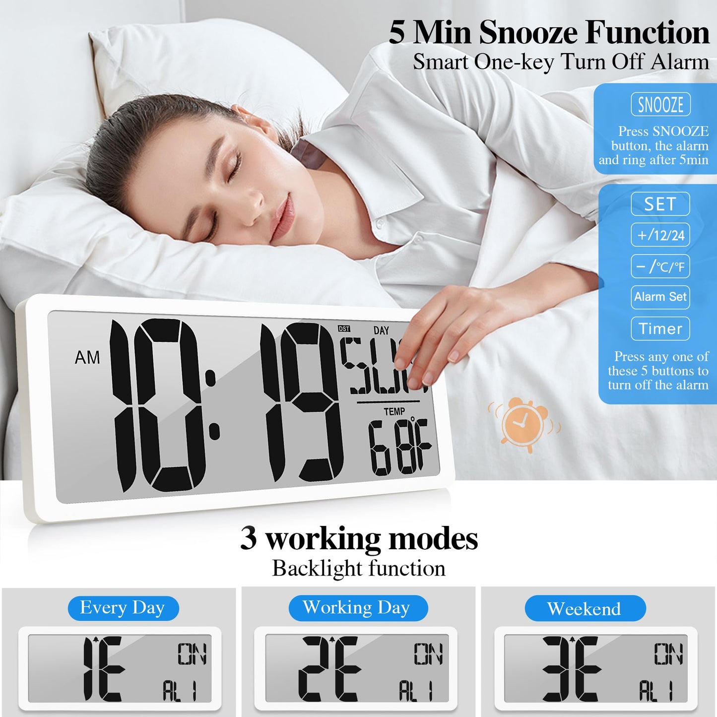 Atomic Clock 15" Digital Wall Clock Battery Operated Atomic Wall Clock Digital Alarm Clock with Day Date & Temperature Large Digital Wall Clock for Wall Bedroom Living Room Classroom Home Office